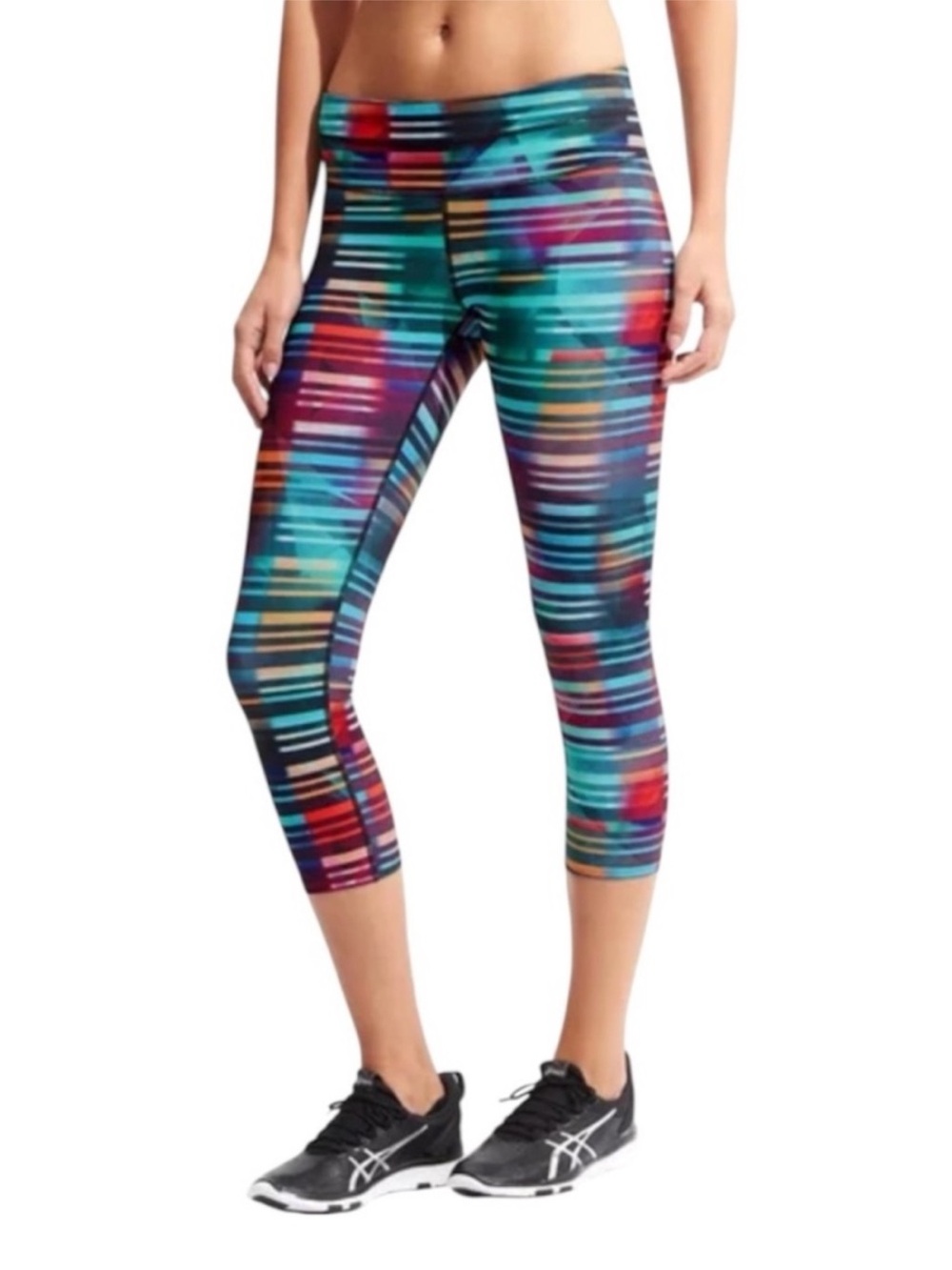 Athleta Womens Multicolor Striped Capri Leggings Tall Crop Zip Pocket Like New S